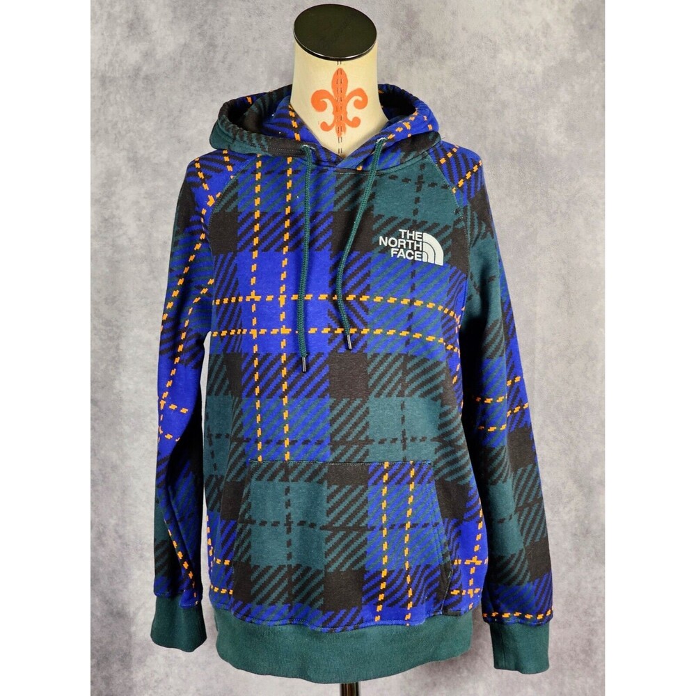 North Face Women M Fleece Lined Hoodie Blue Green Holiday Print Cotton Blend EUC